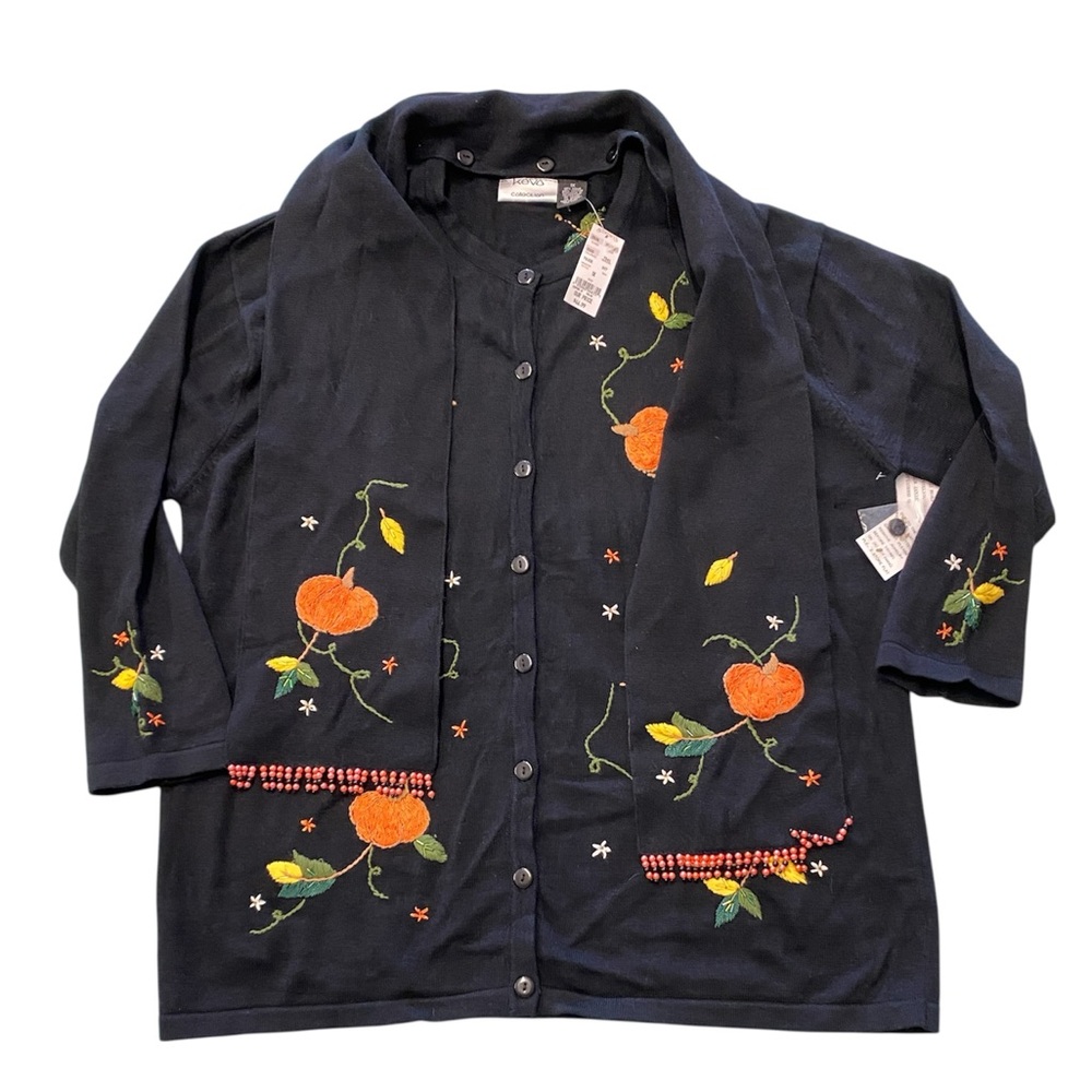 Vintage‎ Kevo  1X Cardigan Sweater Womens Black Pumpkin Embroidered Fall Autumn